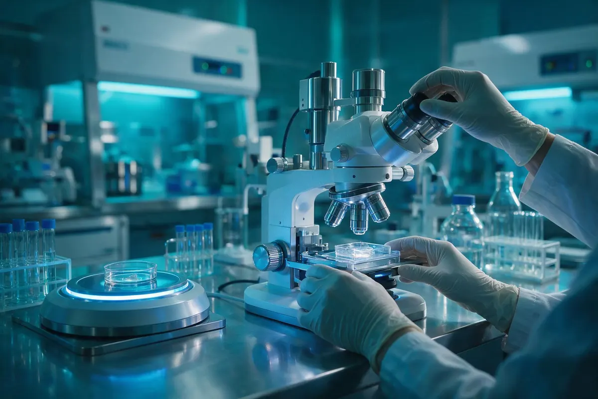 Embryologist working at a microscope in a fertility laboratory